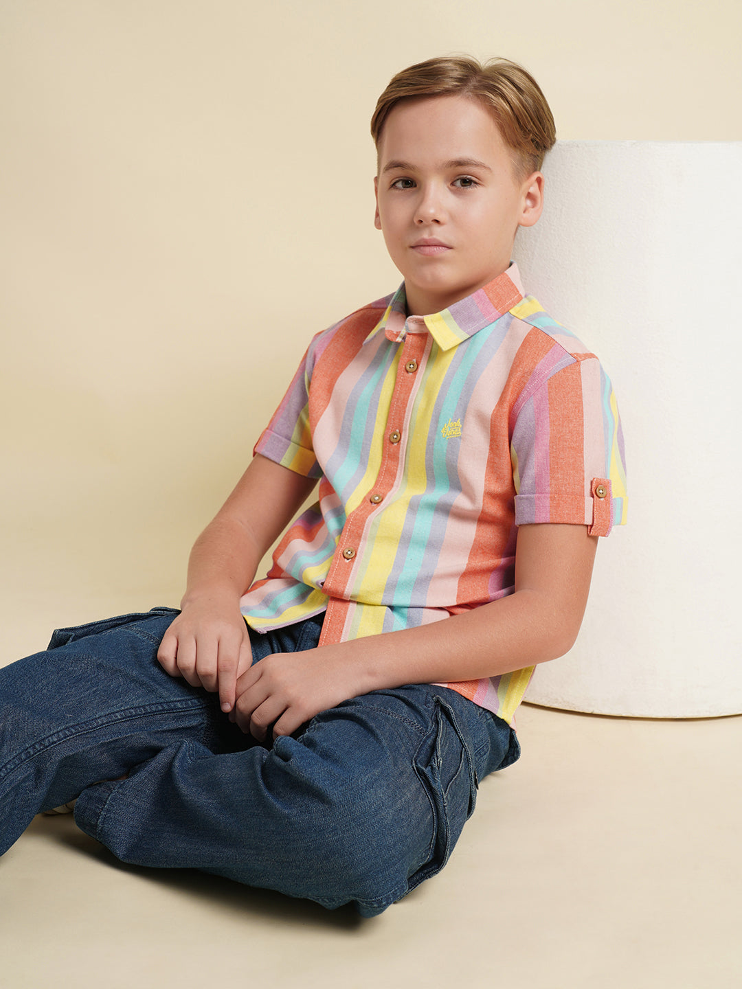 Boys Cotton-Linen Striped Shirt With Roll-Up Sleeves