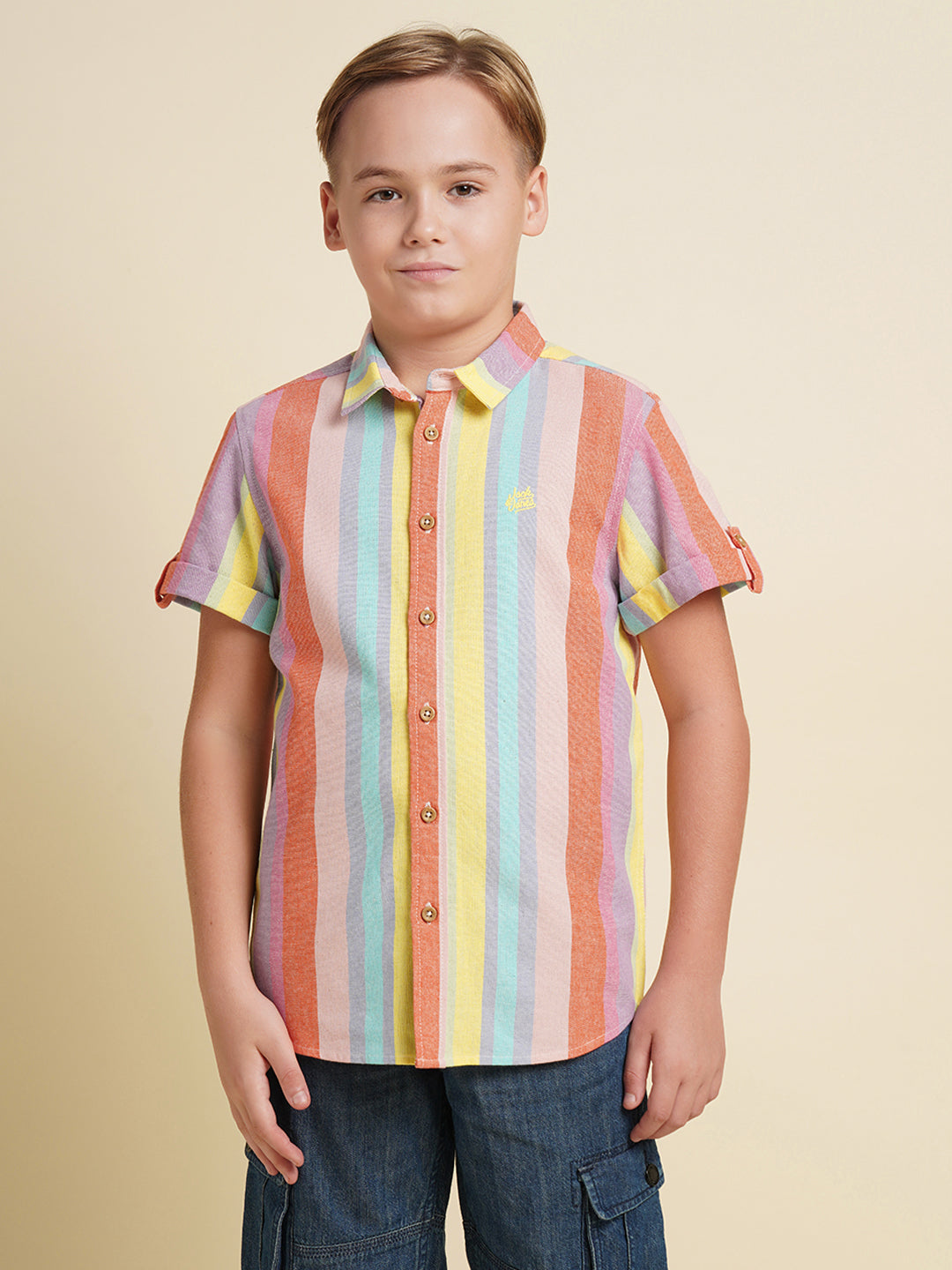 Boys Cotton-Linen Striped Shirt With Roll-Up Sleeves