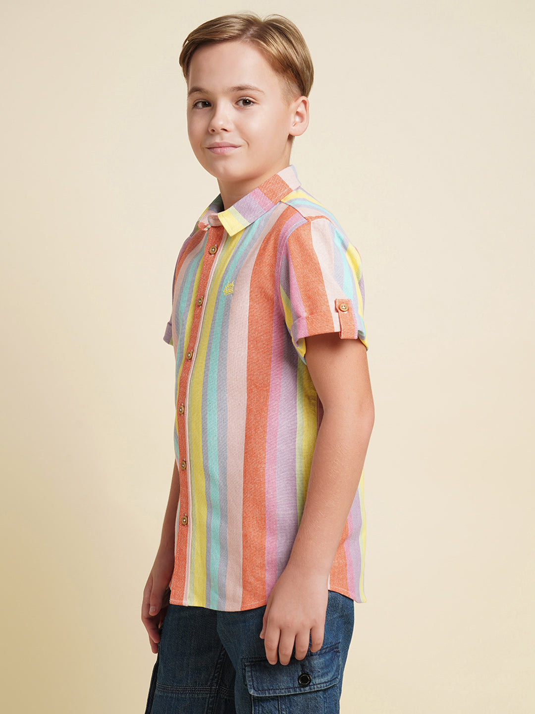 Boys Cotton-Linen Striped Shirt With Roll-Up Sleeves