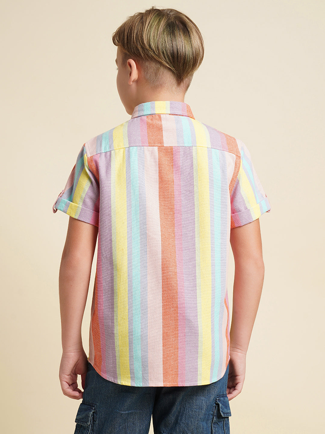 Boys Cotton-Linen Striped Shirt With Roll-Up Sleeves