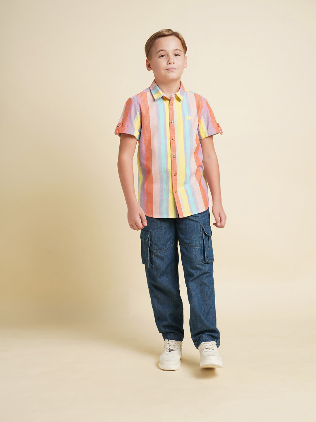 Boys Cotton-Linen Striped Shirt With Roll-Up Sleeves