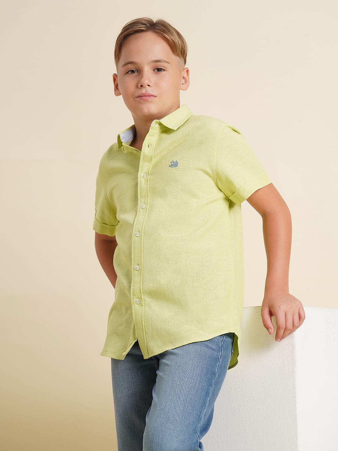 Boys Green Cotton Short Sleeves Shirt
