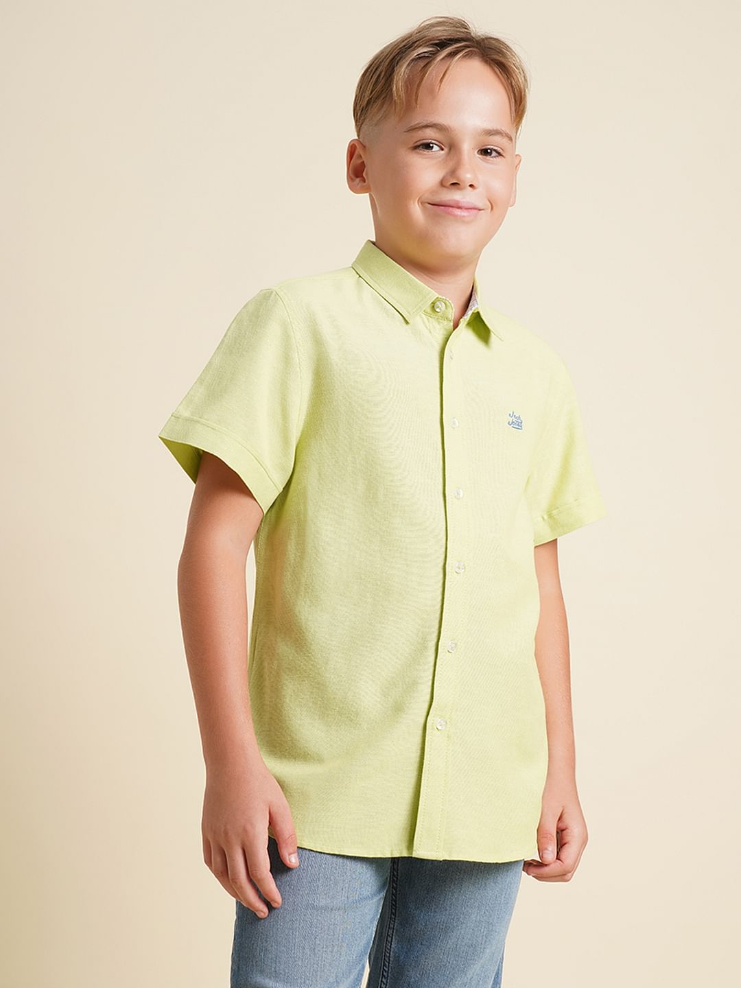 Boys Green Cotton Short Sleeves Shirt