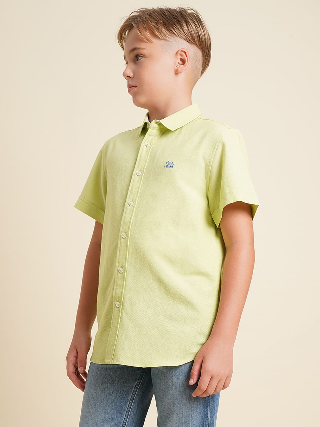 Boys Green Cotton Short Sleeves Shirt