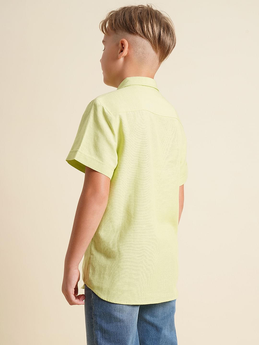 Boys Green Cotton Short Sleeves Shirt