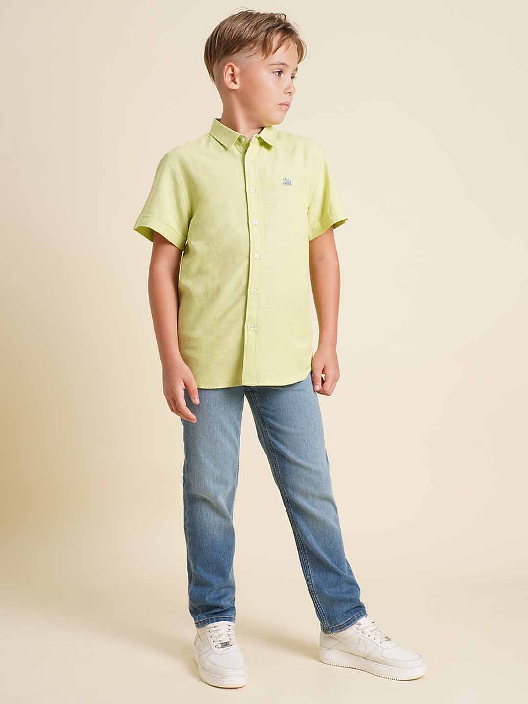 Boys Green Cotton Short Sleeves Shirt