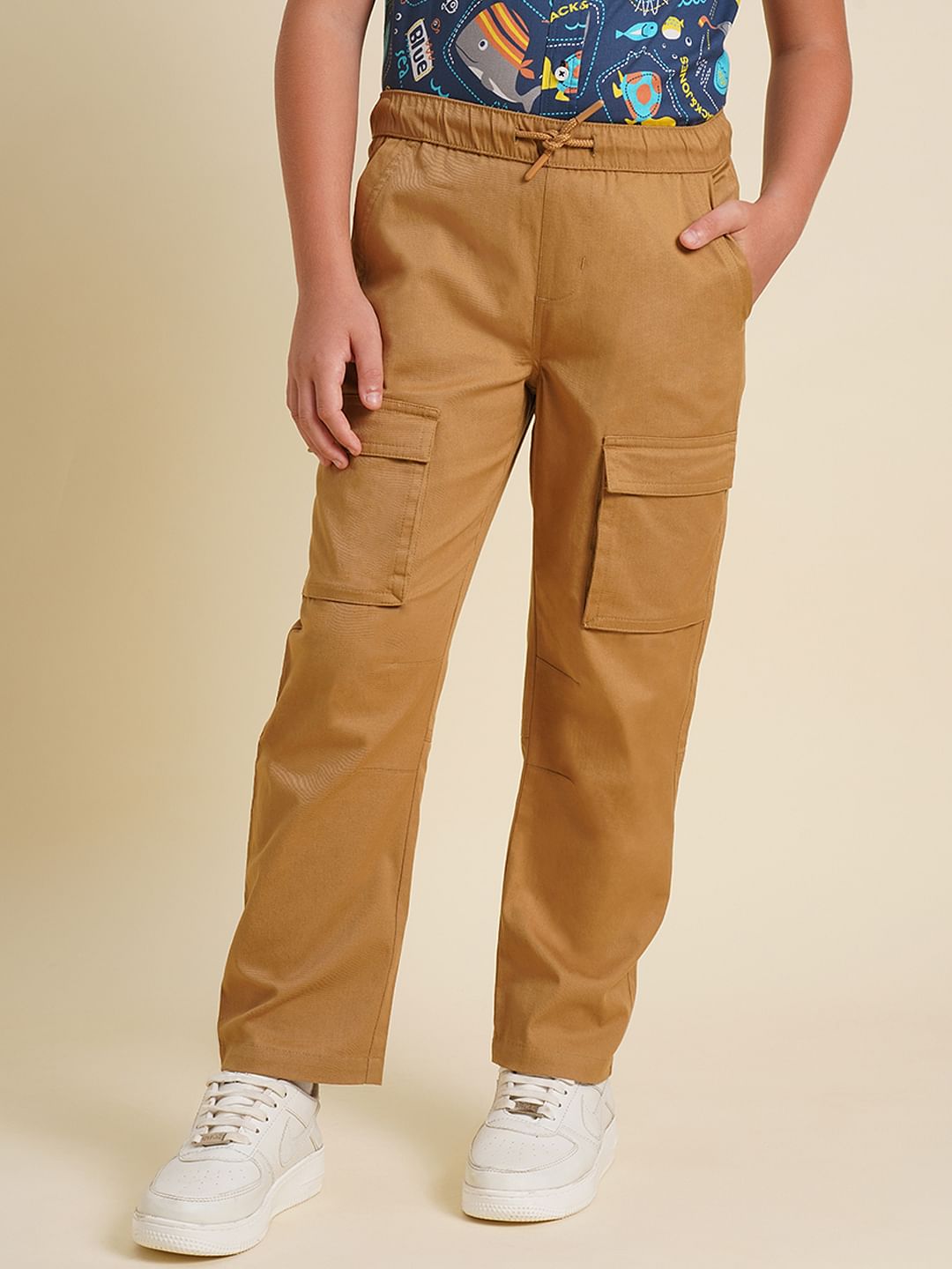 Boys Brown Mid Rise Cotton Casual Pants