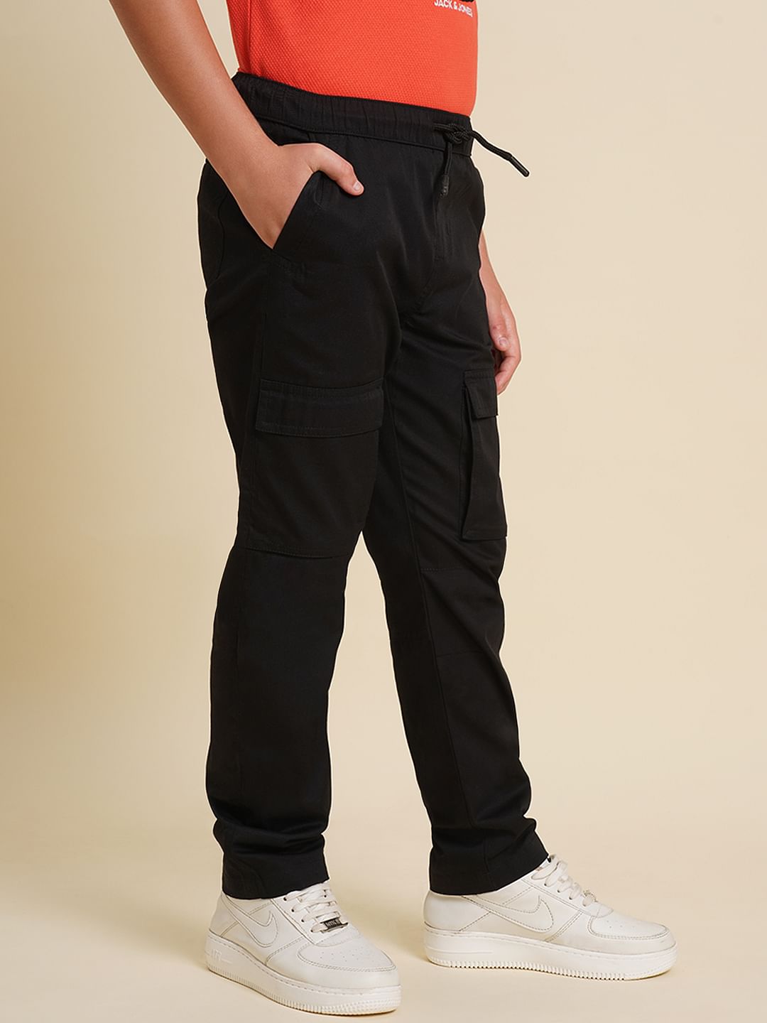 Boys Black Mid Rise Cotton Pants