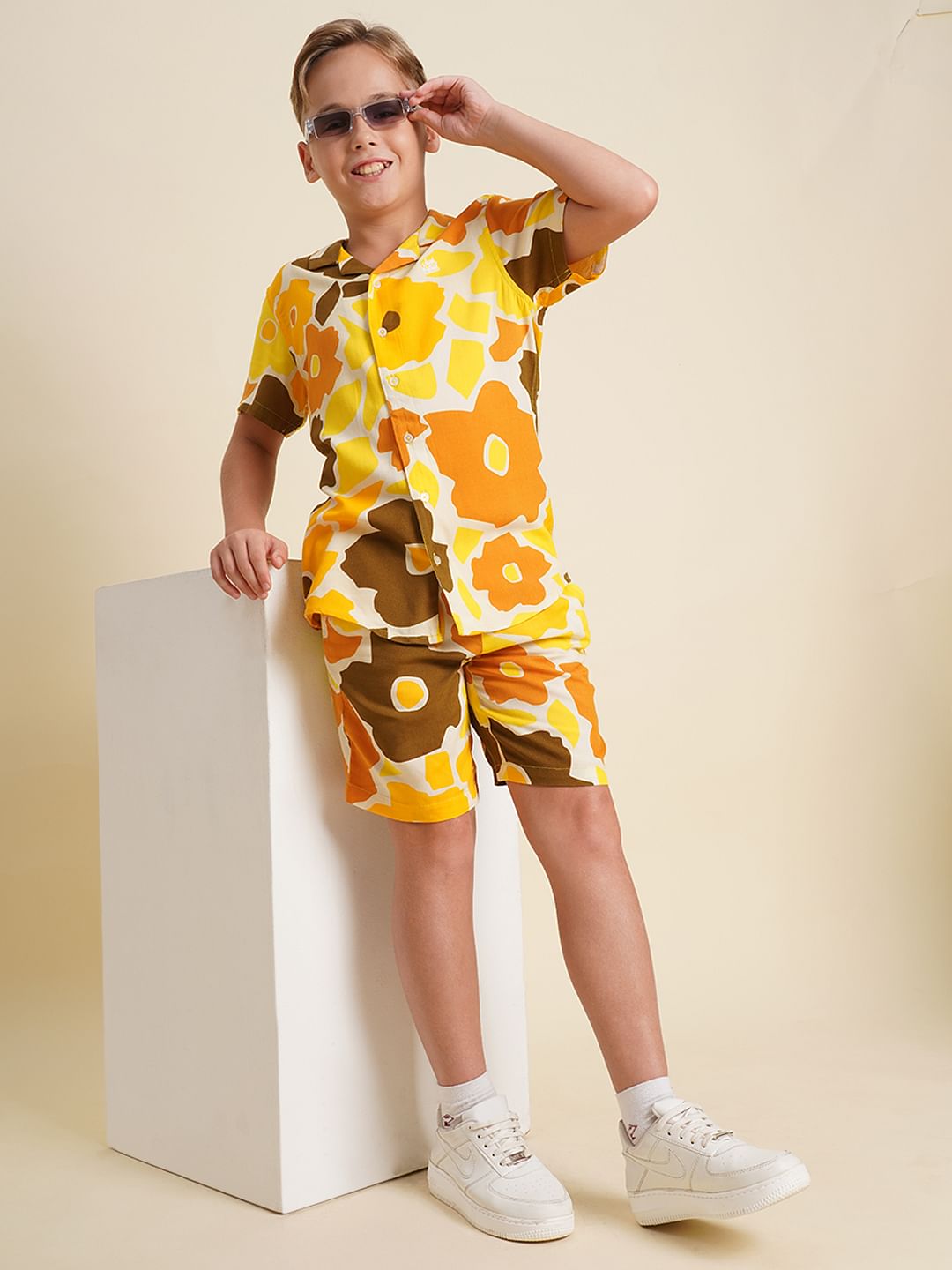 Boys Yellow Printed Co-ord Set Shorts