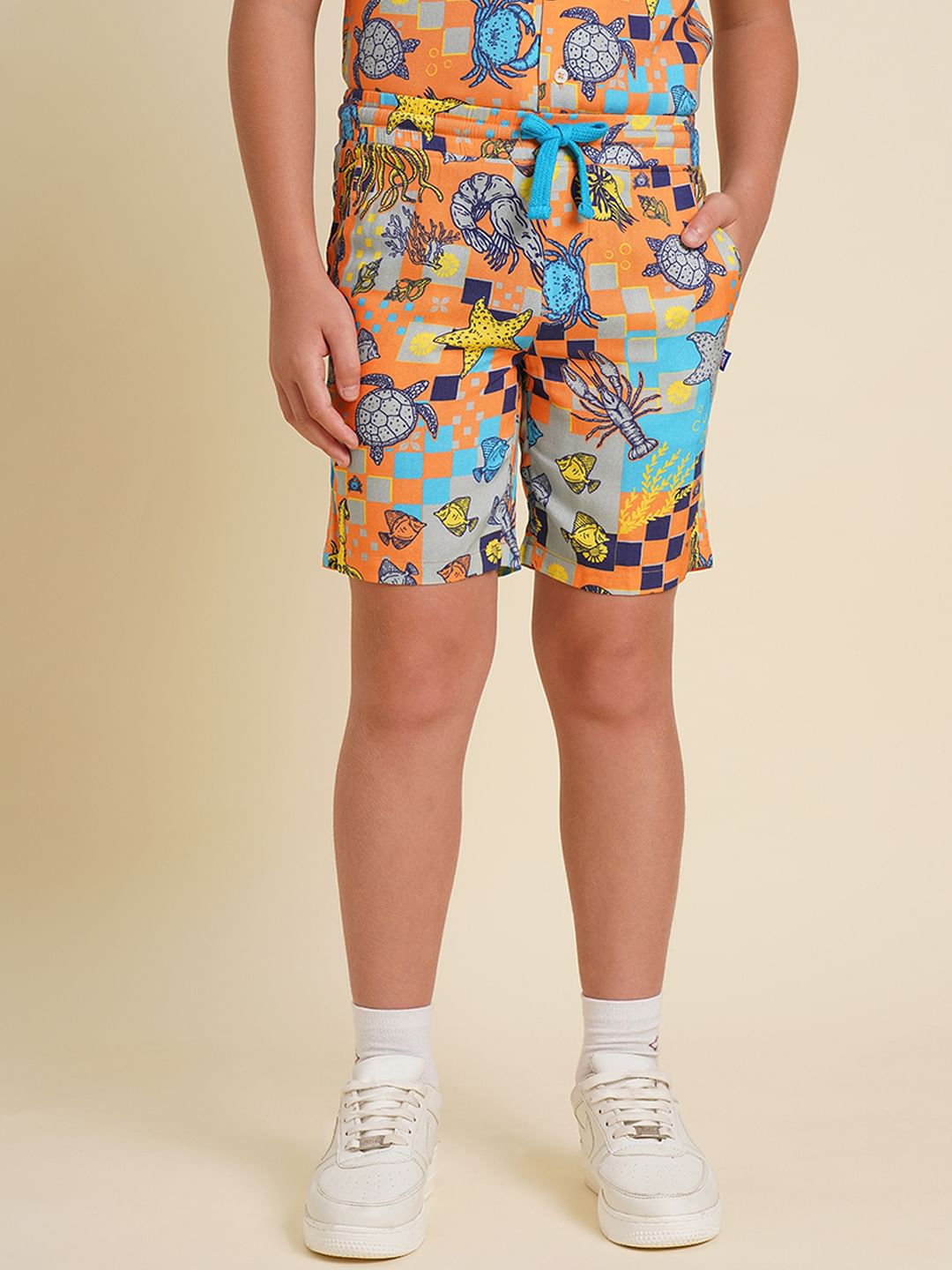 Boys Orange Printed Co-ord Set Shorts