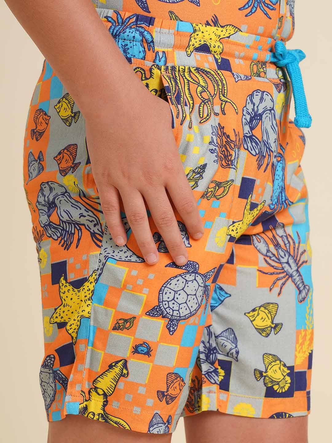 Boys Orange Printed Co-ord Set Shorts