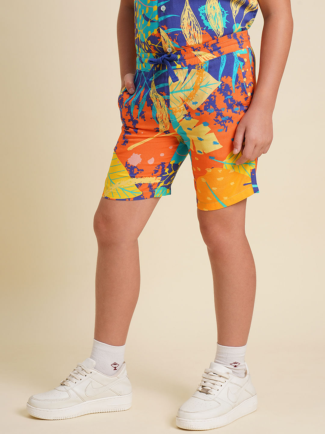 Boys Orange Printed Viscose Co-ord Set Shorts