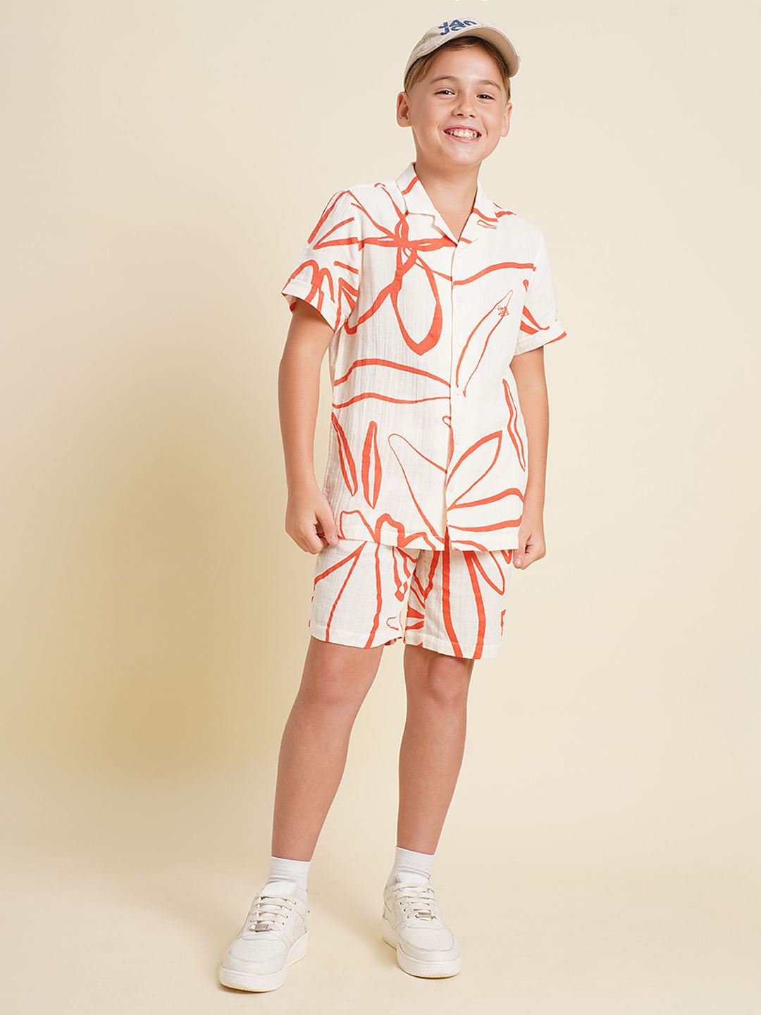 Boys White Printed Co-ord Set Shorts