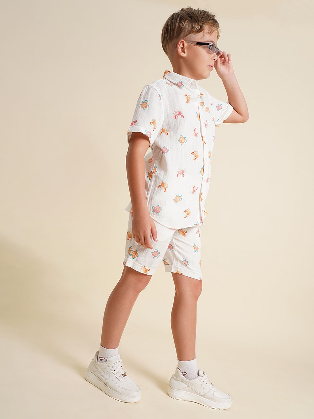 Boys White Printed Co-ord Set Shorts