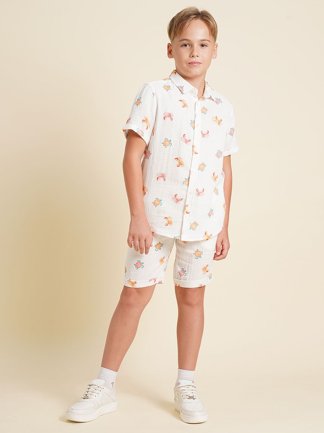 Boys White Printed Co-ord Set Shorts