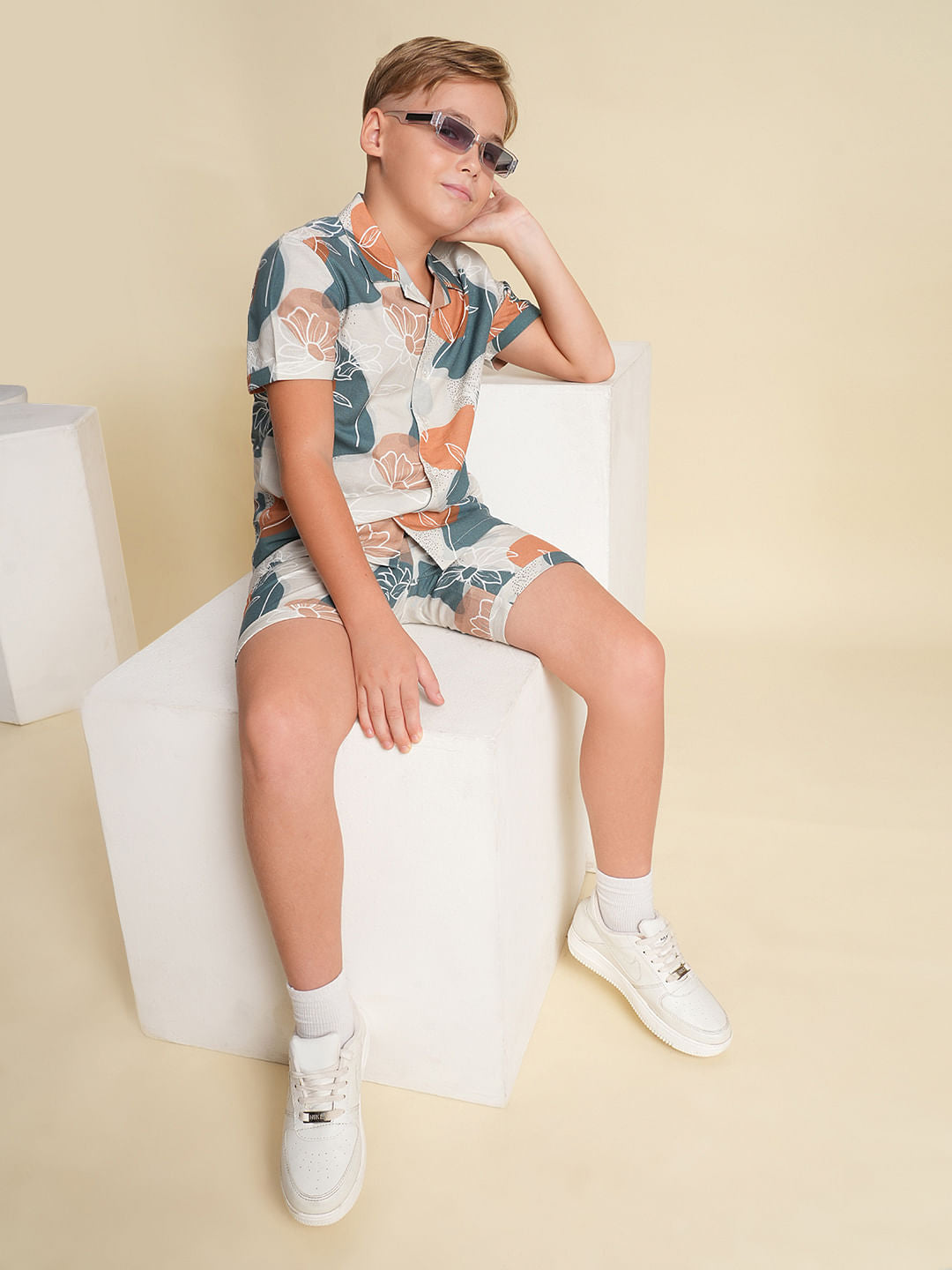Boys Green Printed Co-ord Set Shorts