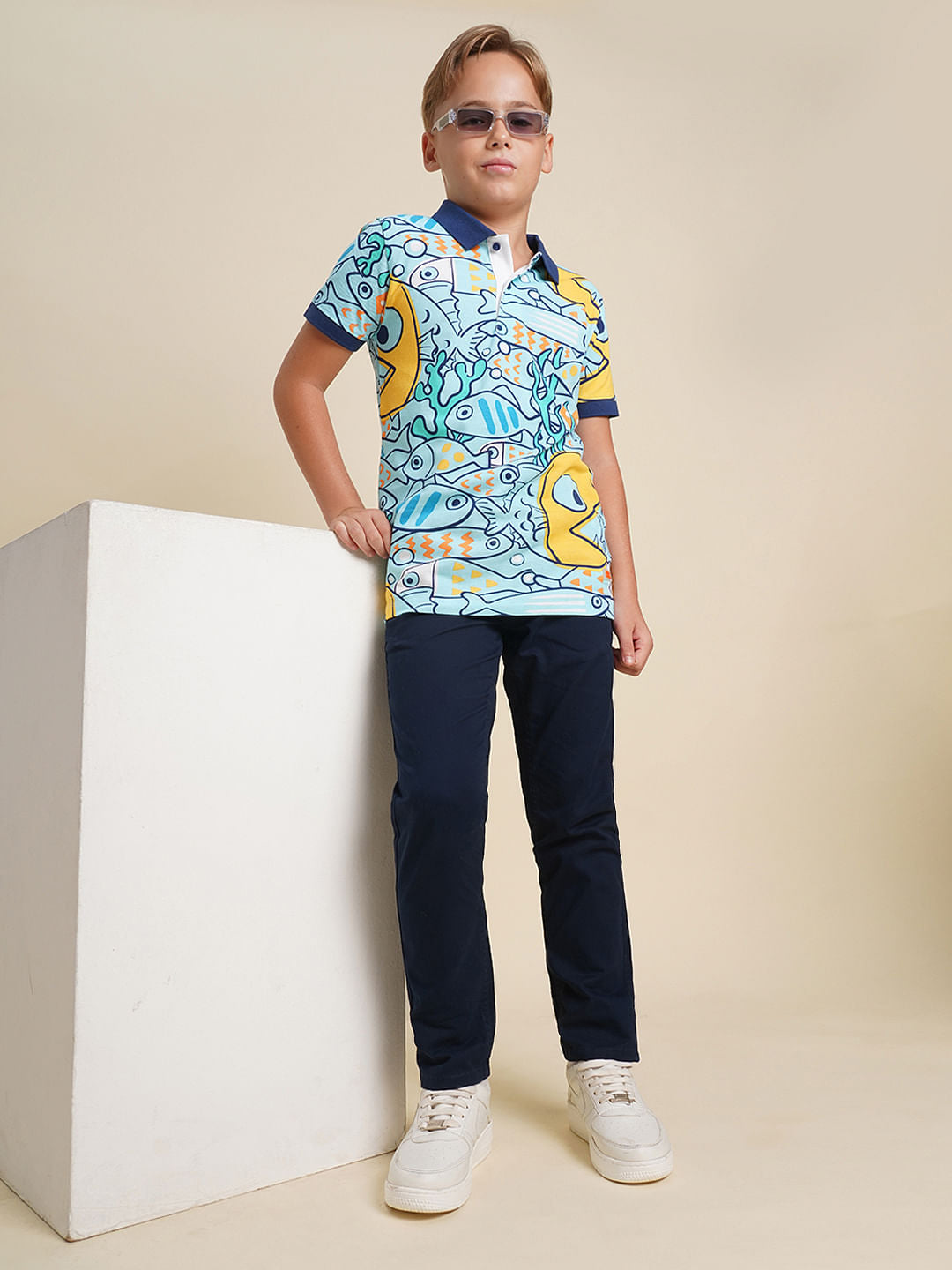 Boys Dark Blue Mid Rise Cotton Pants