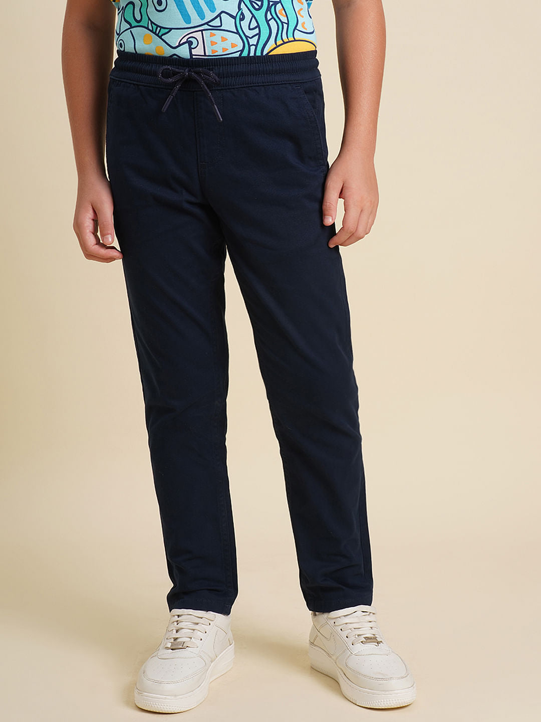 Boys Dark Blue Mid Rise Cotton Pants