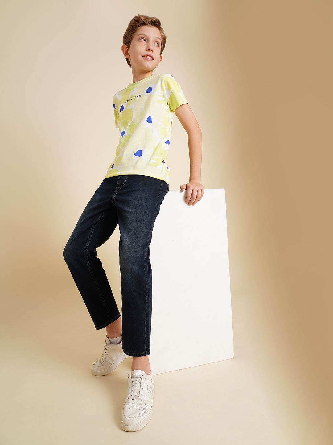 Boys Dark Blue Mid Rise Cotton Straight Fit Jeans