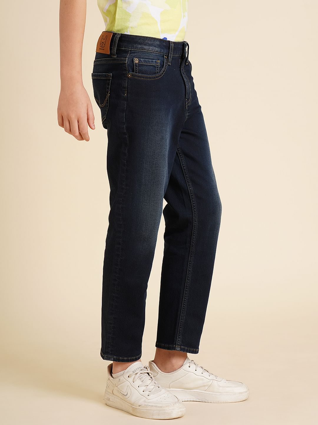 Boys Dark Blue Mid Rise Cotton Straight Fit Jeans