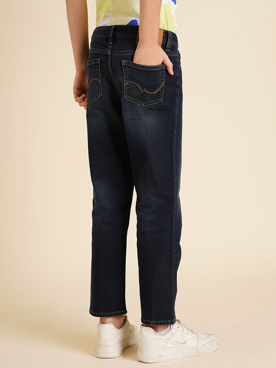 Boys Dark Blue Mid Rise Cotton Straight Fit Jeans