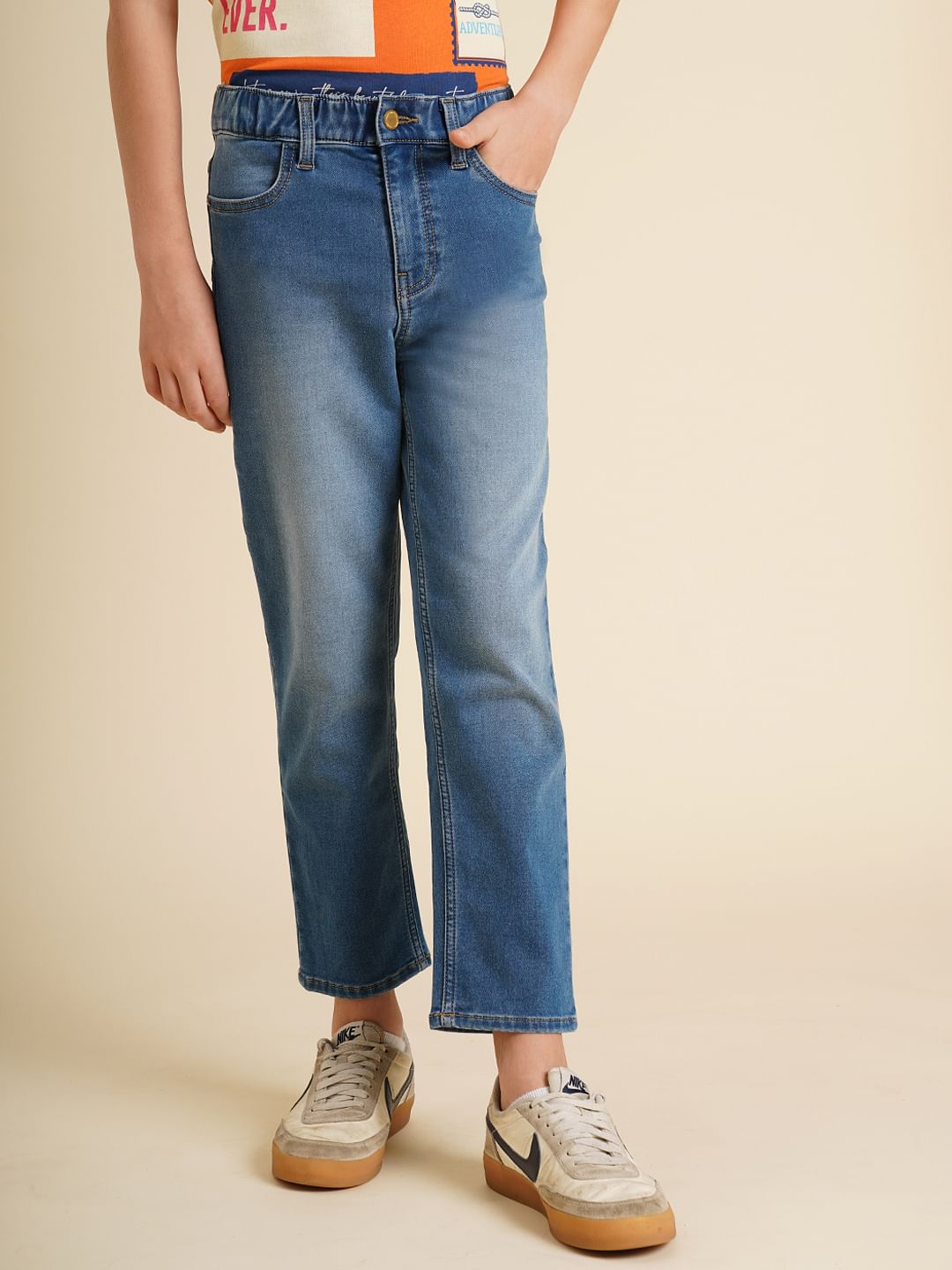 Boys Blue Washed Cotton Straight Fit Jeans