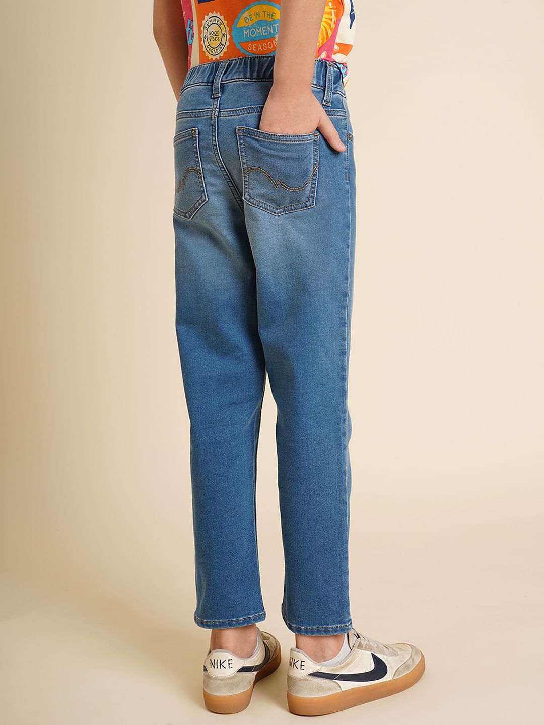 Boys Blue Washed Cotton Straight Fit Jeans