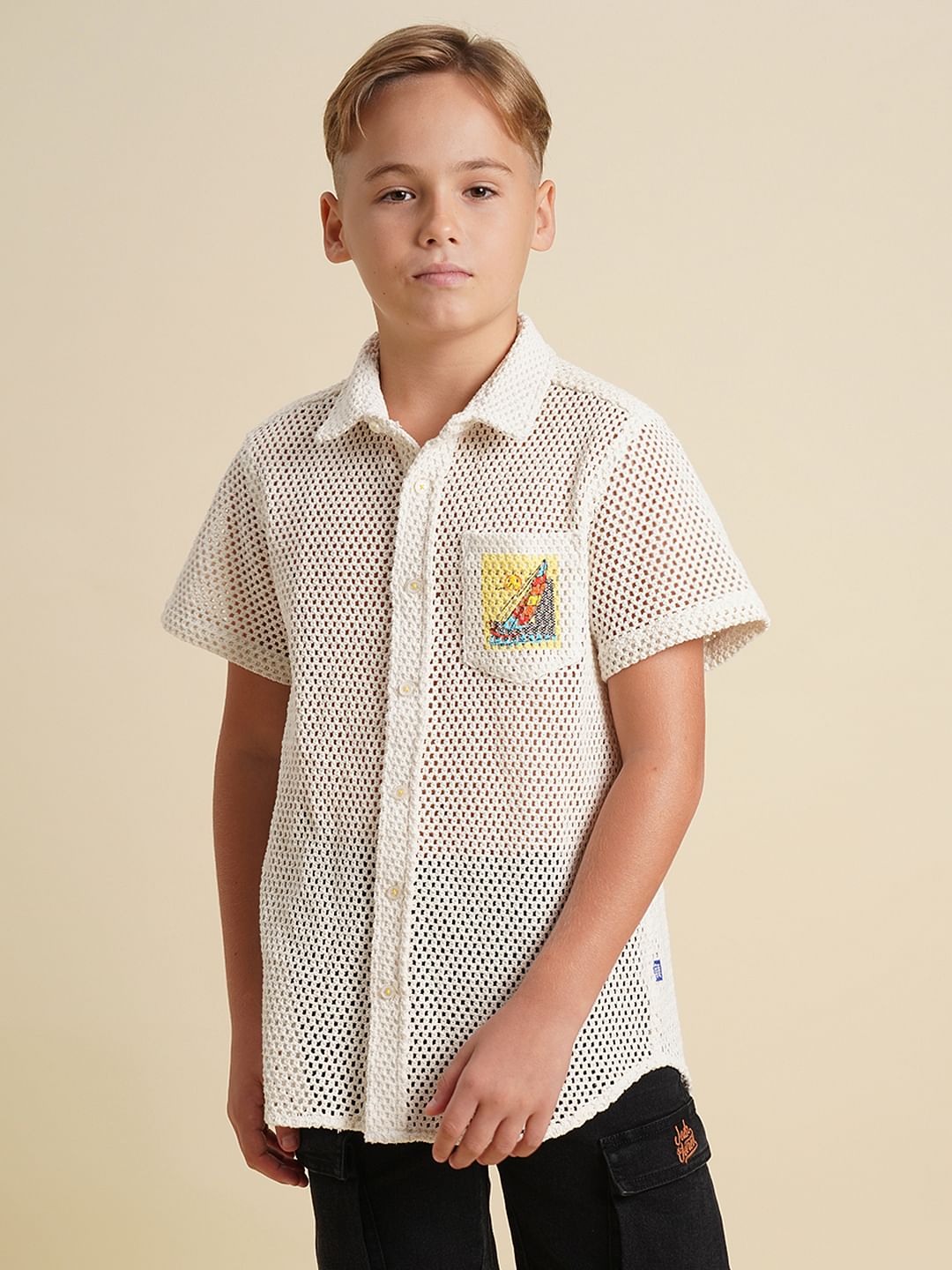 Boys White Cotton Short Sleeves Shirt