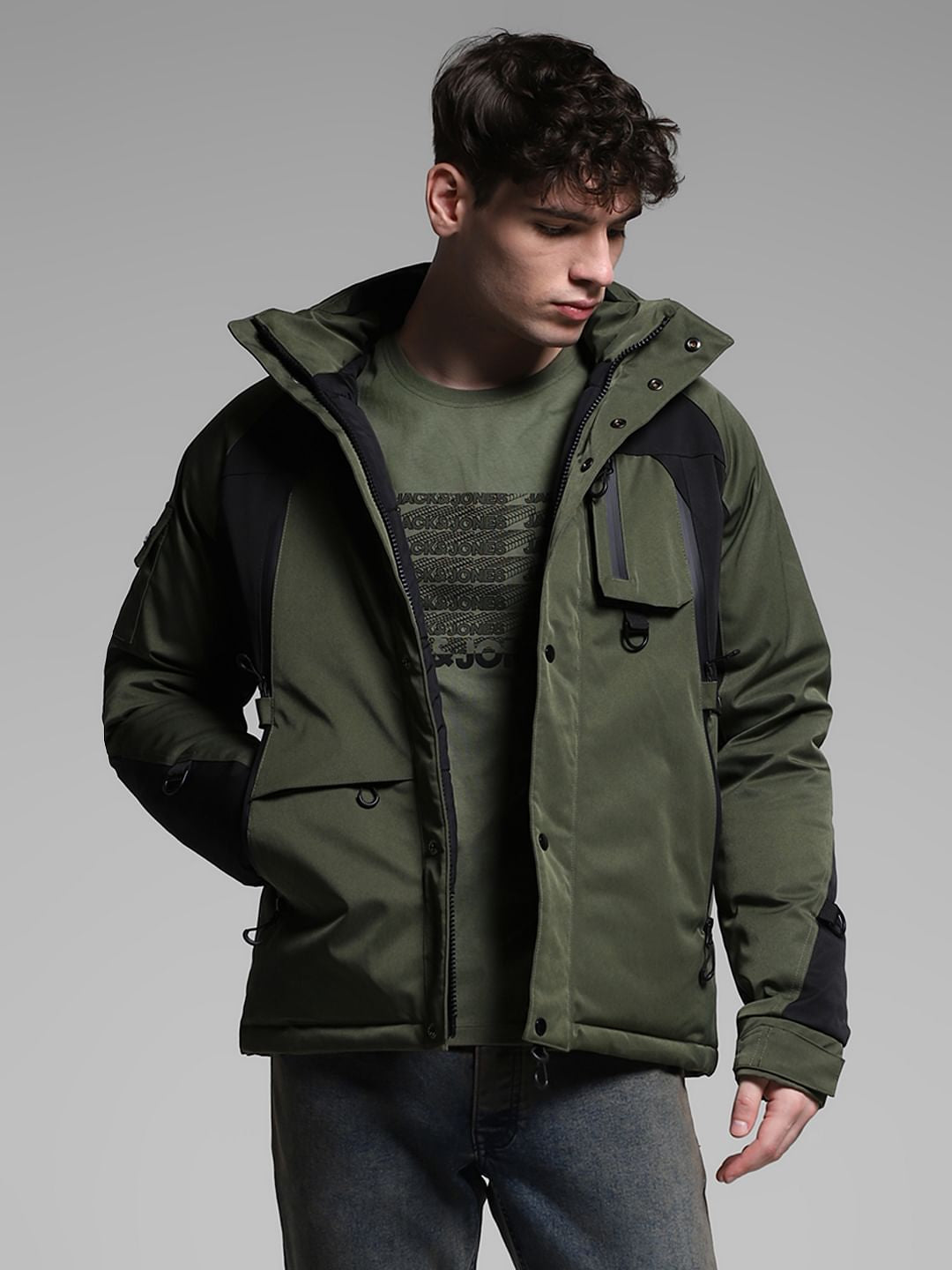 Green Colourblocked Hooded Jacket