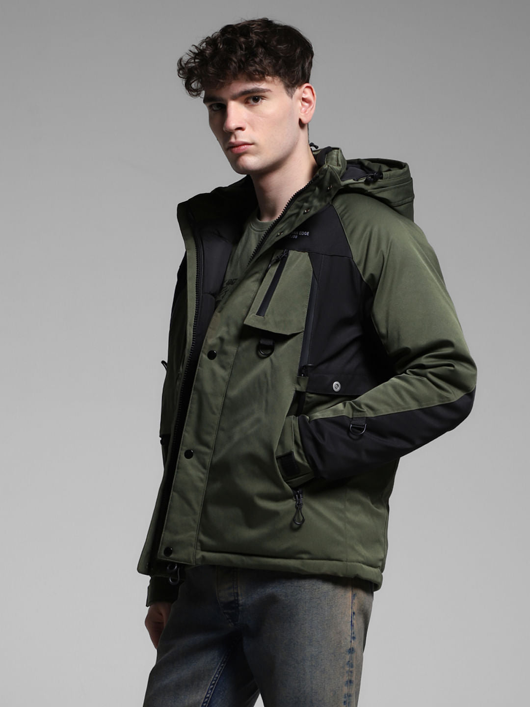 Green Colourblocked Hooded Jacket