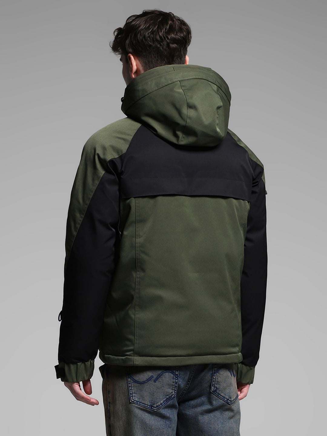 Green Colourblocked Hooded Jacket