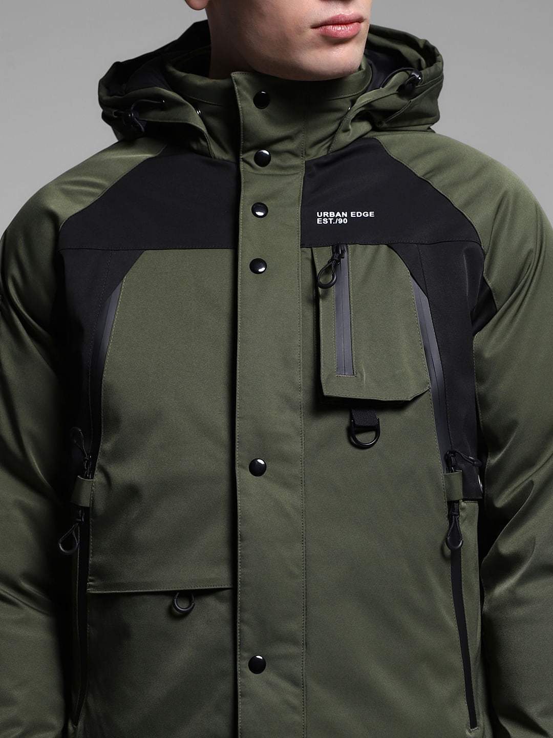 Green Colourblocked Hooded Jacket