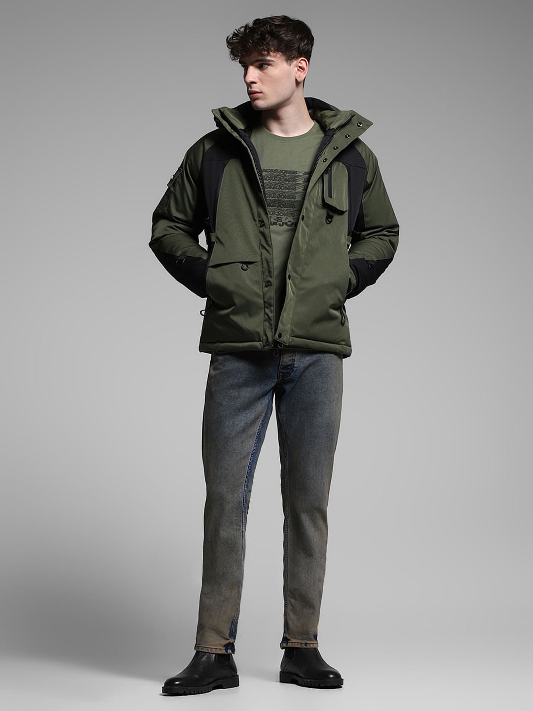 Green Colourblocked Hooded Jacket