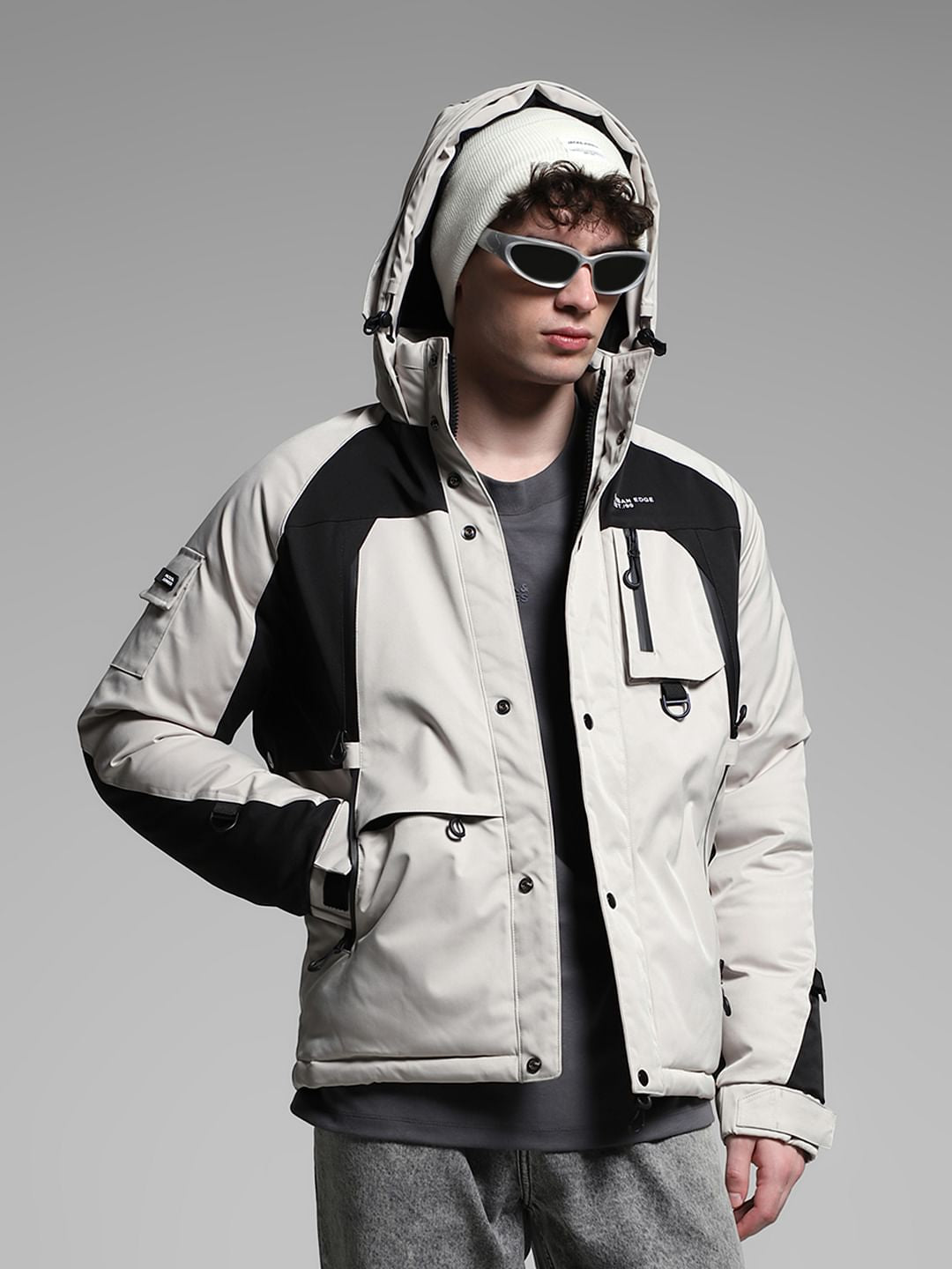 Grey Colourblocked Hooded Jacket