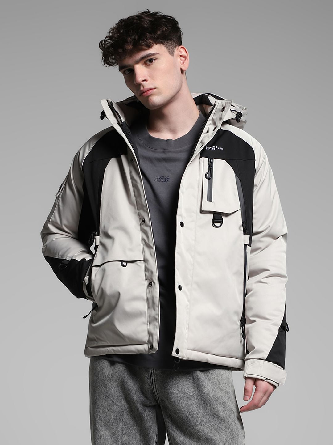 Grey Colourblocked Hooded Jacket