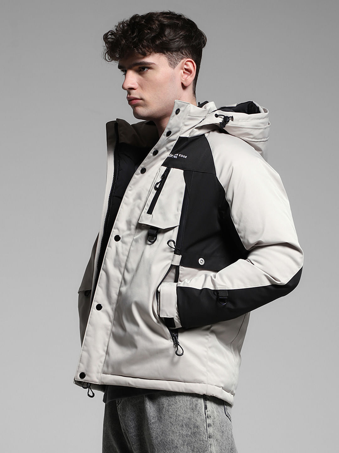 Grey Colourblocked Hooded Jacket