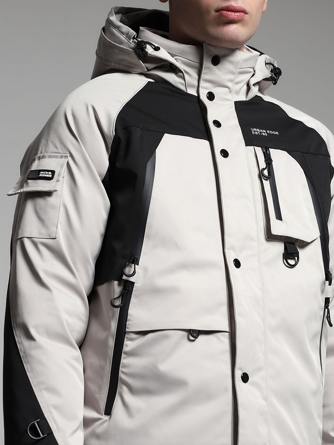 Grey Colourblocked Hooded Jacket