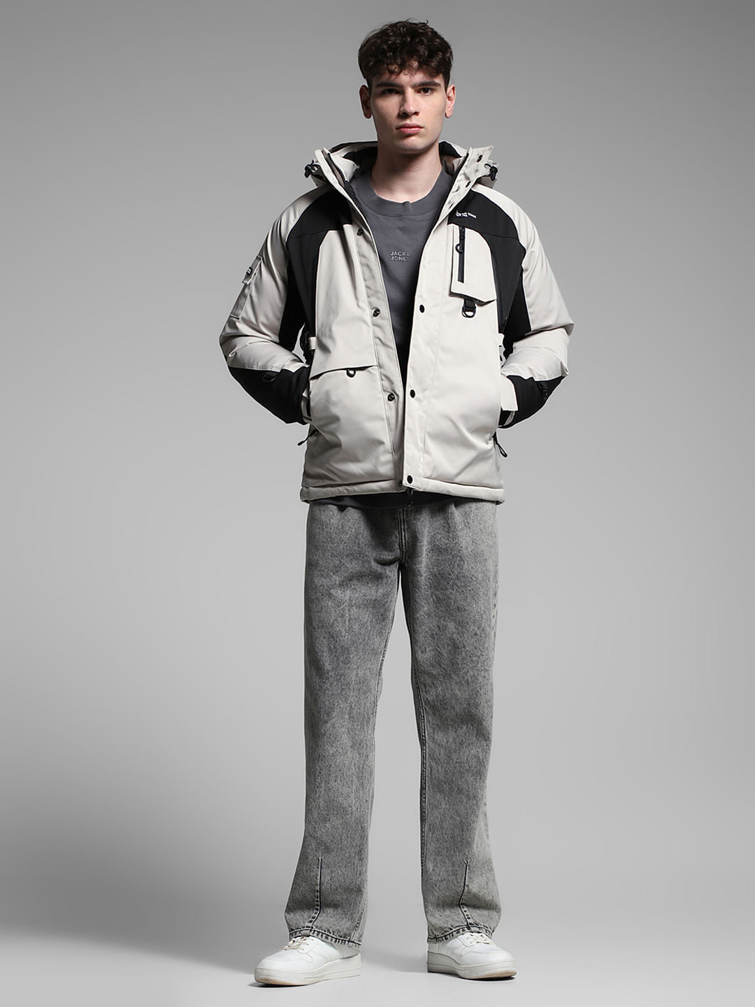 Grey Colourblocked Hooded Jacket