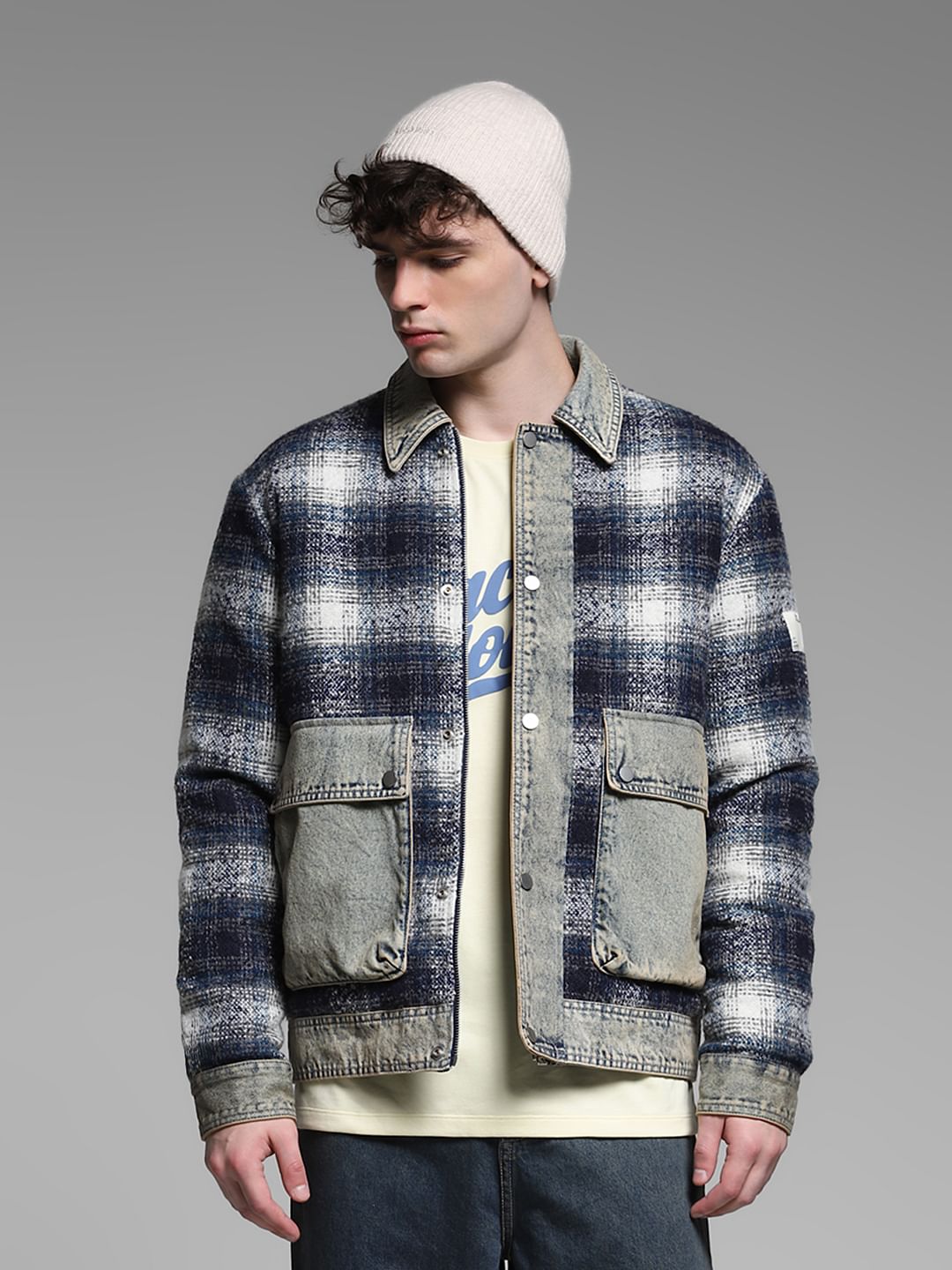 Blue Contrast Denim Detail Plaid Shacket