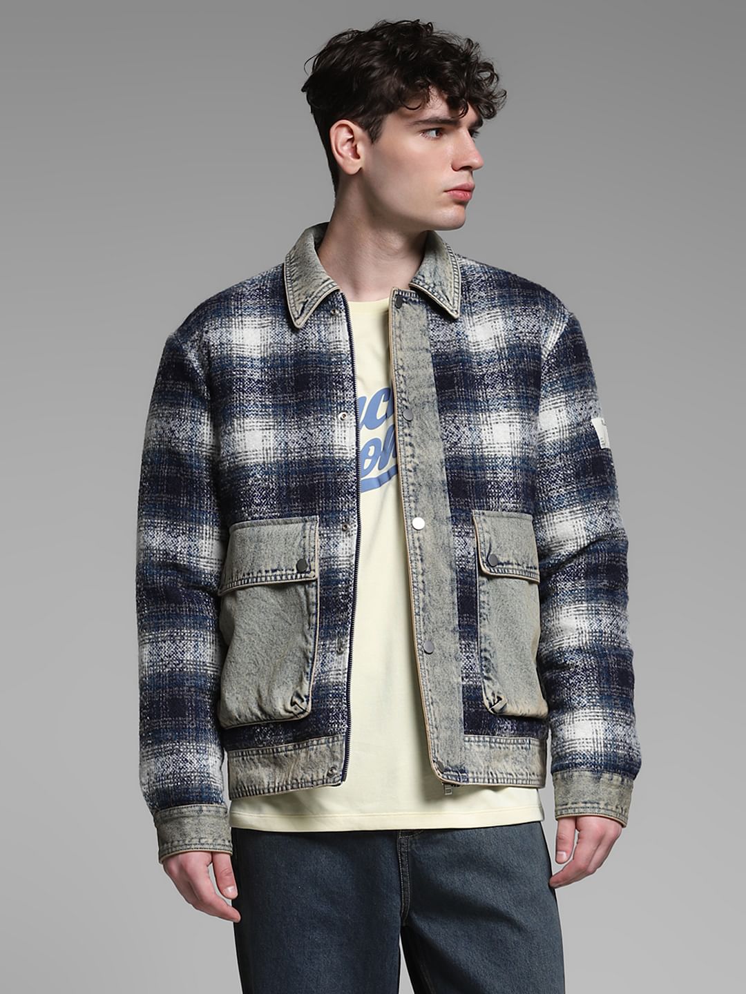 Blue Contrast Denim Detail Plaid Shacket