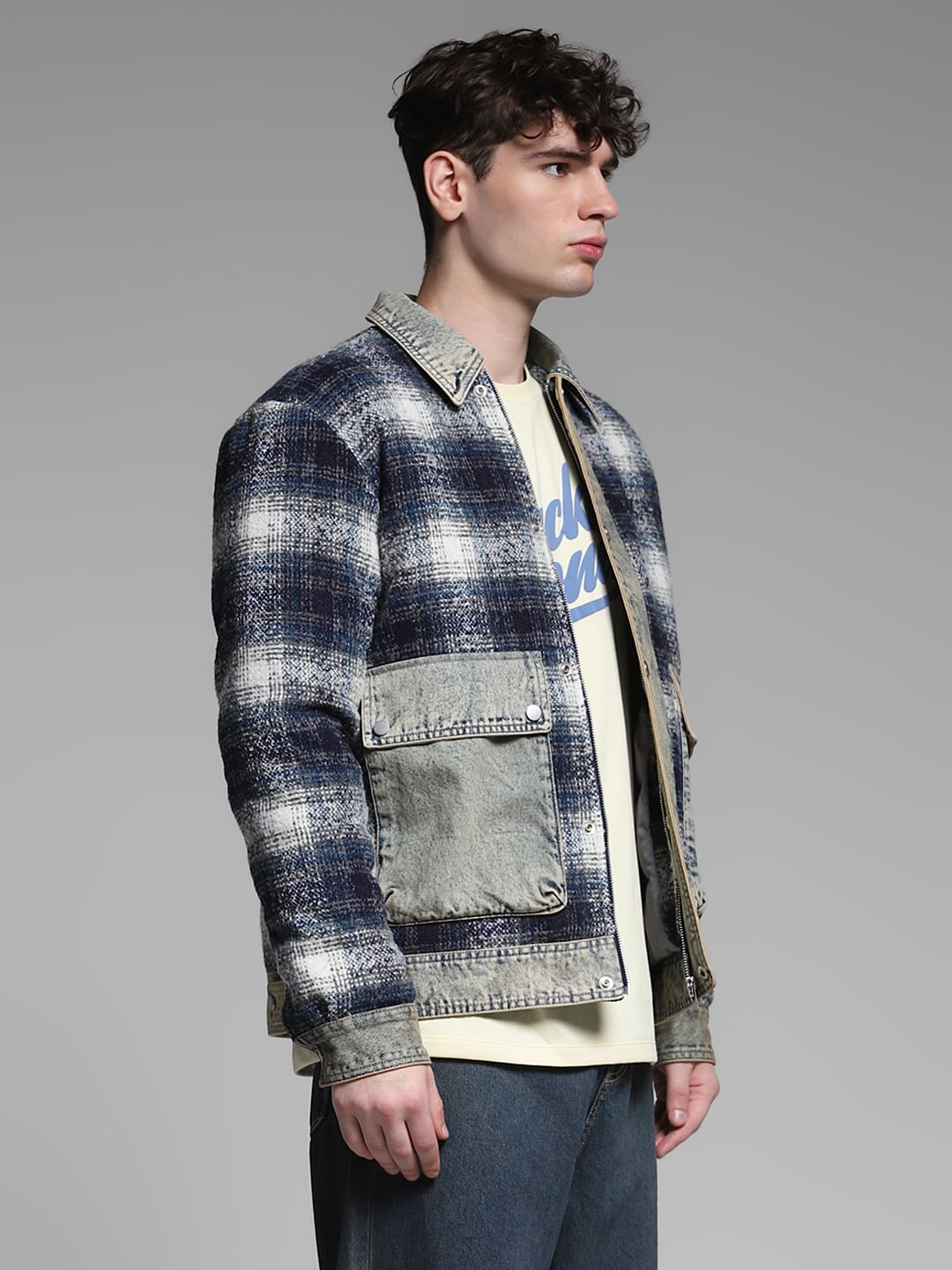 Blue Contrast Denim Detail Plaid Shacket
