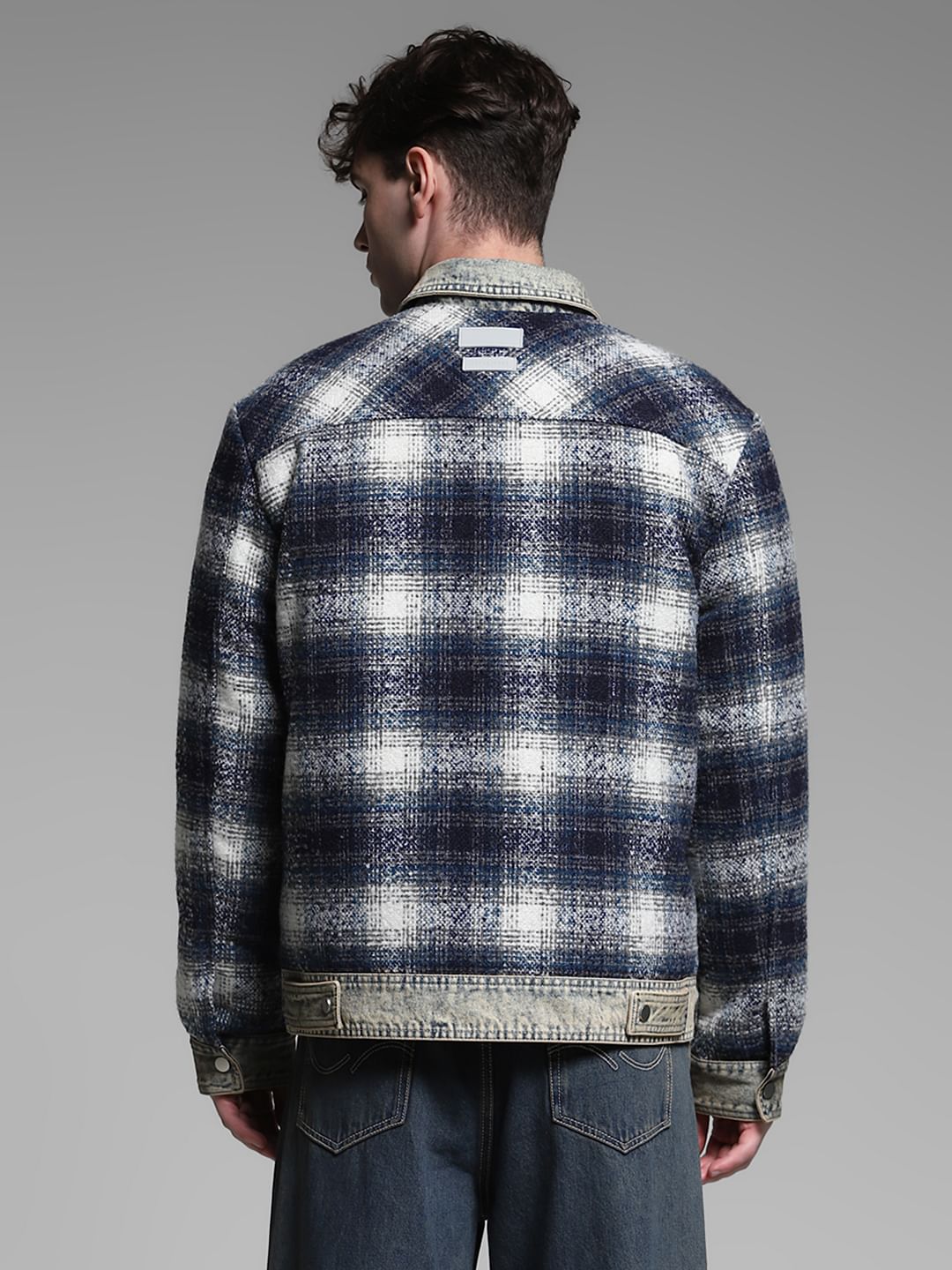 Blue Contrast Denim Detail Plaid Shacket