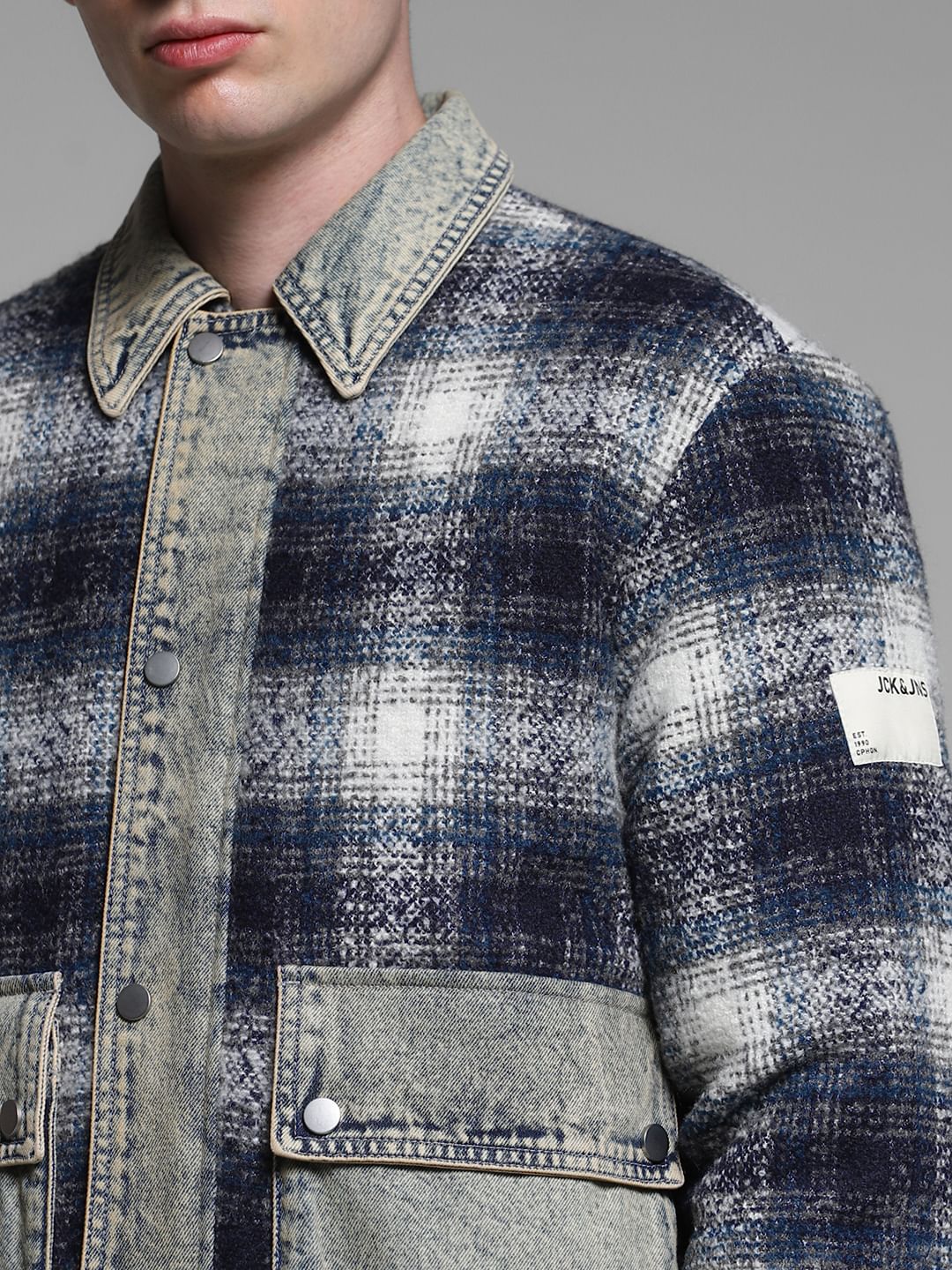 Blue Contrast Denim Detail Plaid Shacket