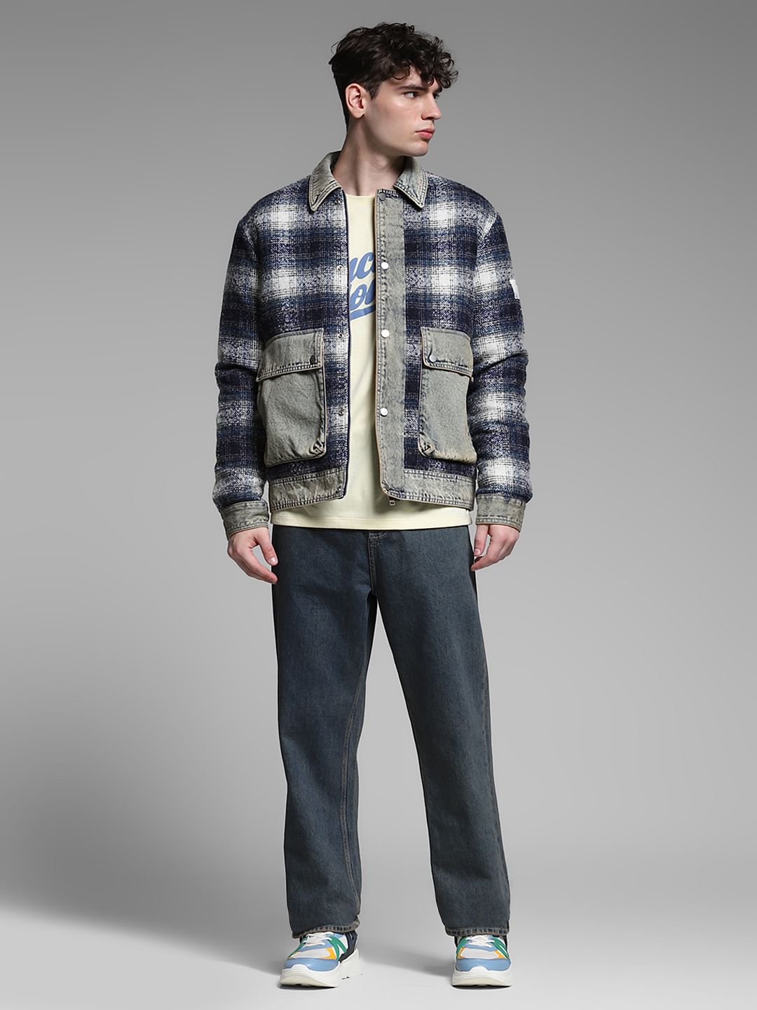 Blue Contrast Denim Detail Plaid Shacket