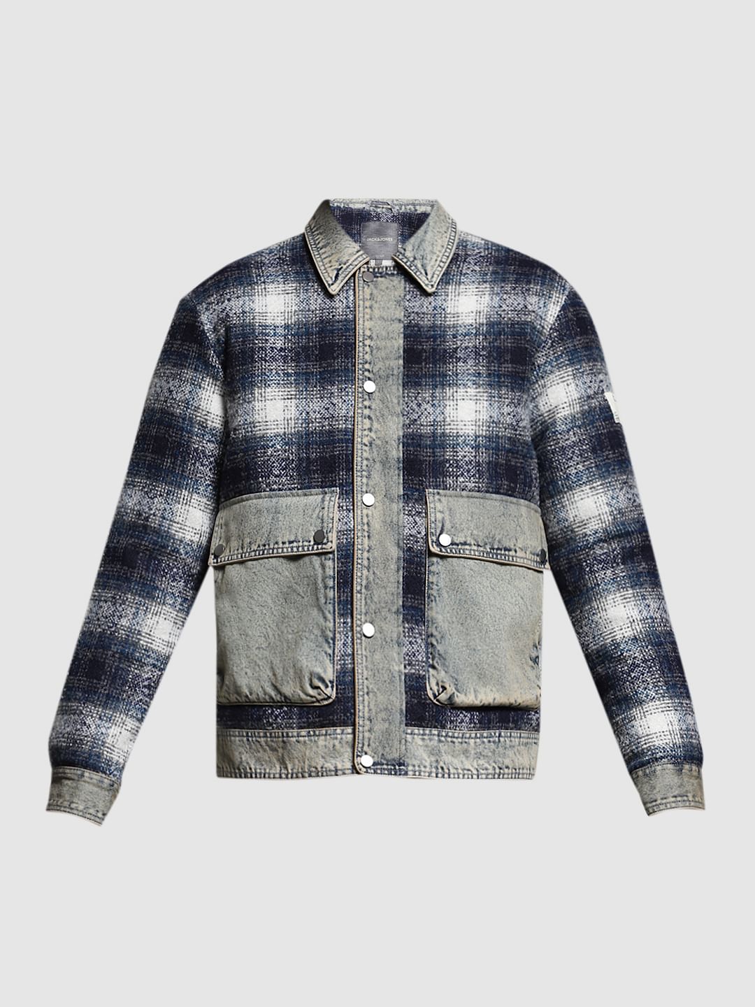 Blue Contrast Denim Detail Plaid Shacket