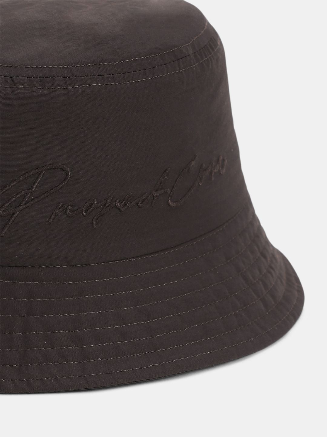 Dark Brown Embroidered Text Bucket Hat