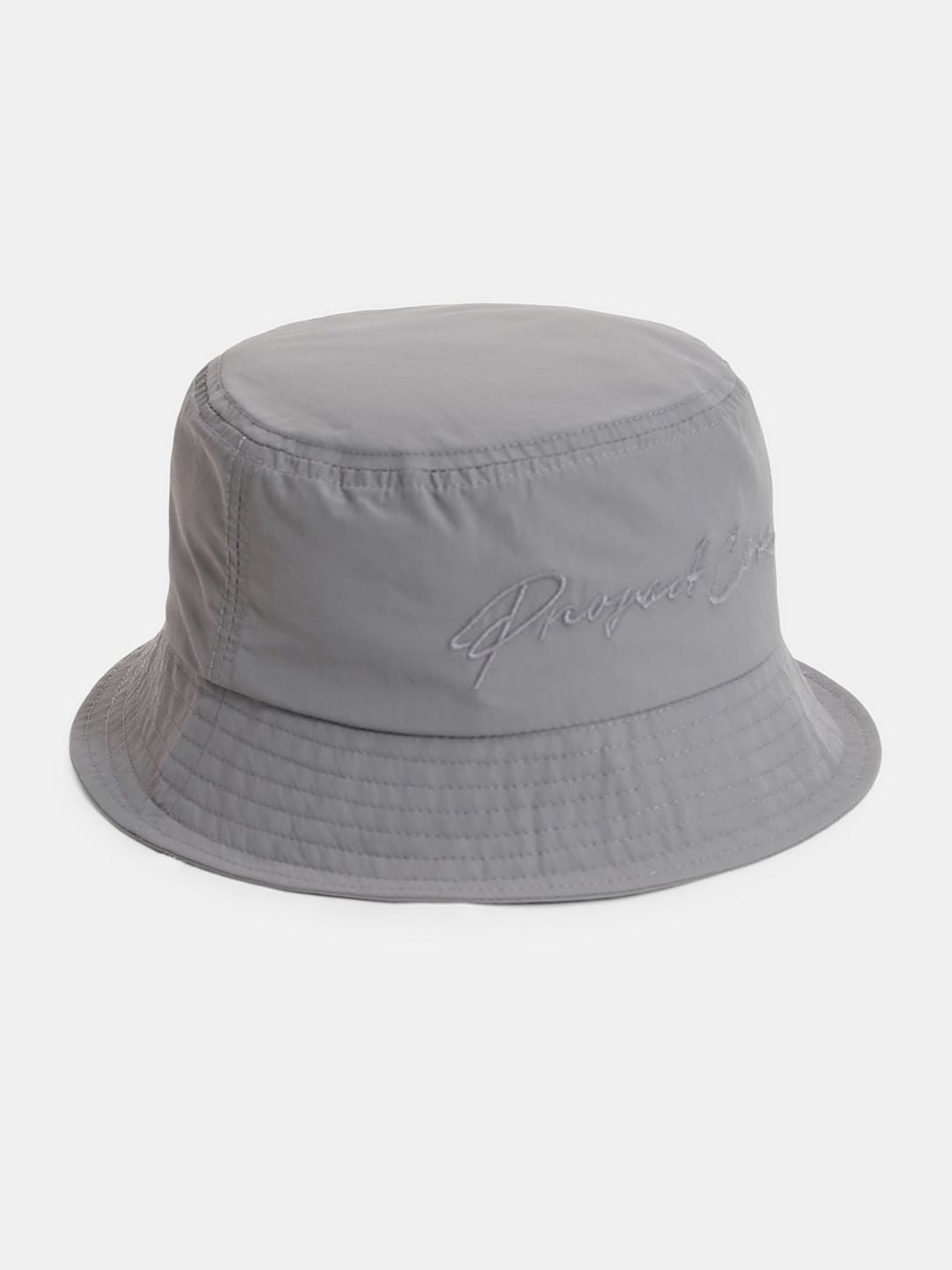 Grey Embroidered Text Bucket Hat