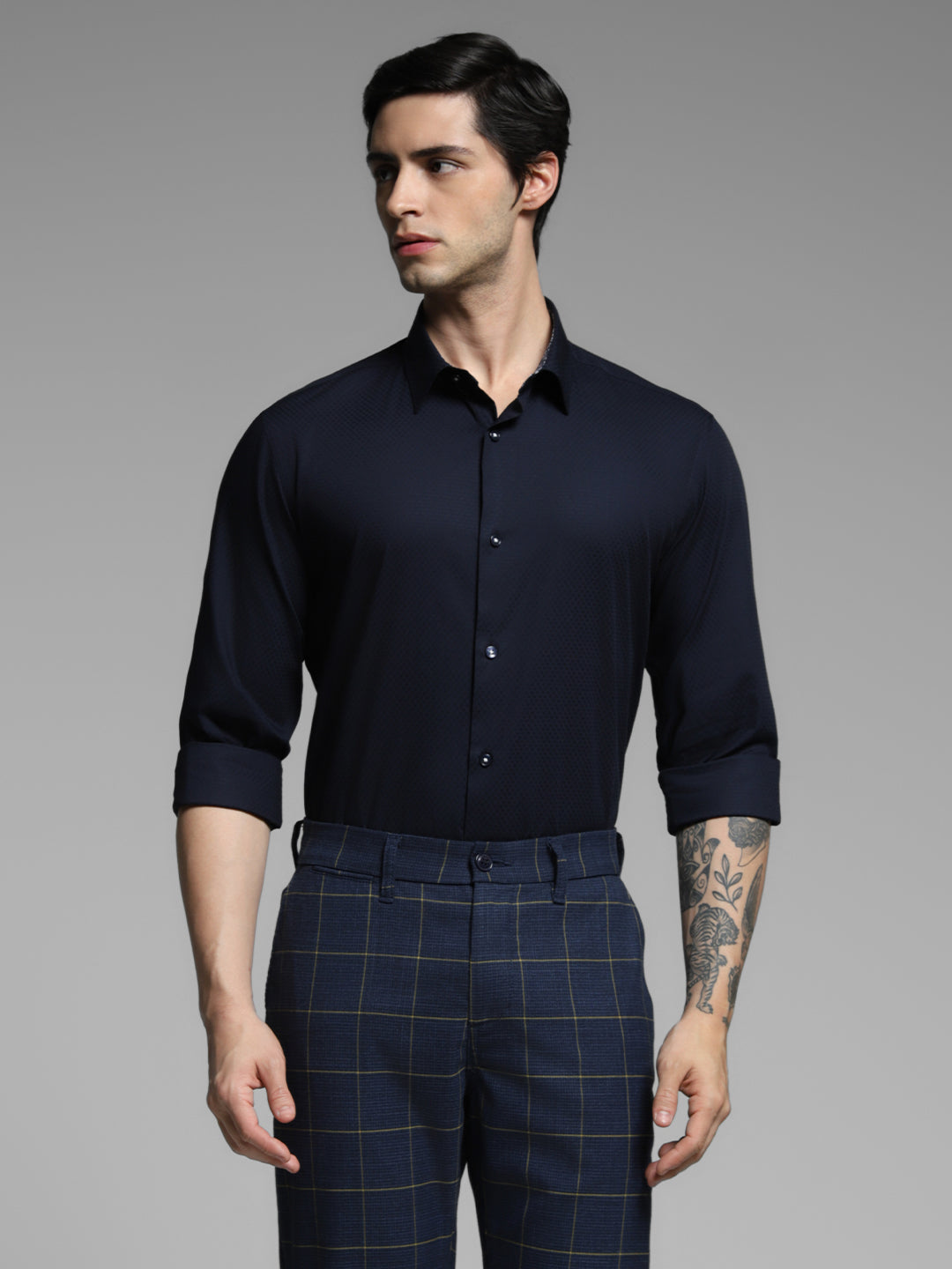 Navy Blue Dobby Cotton Slim Fit Shirt