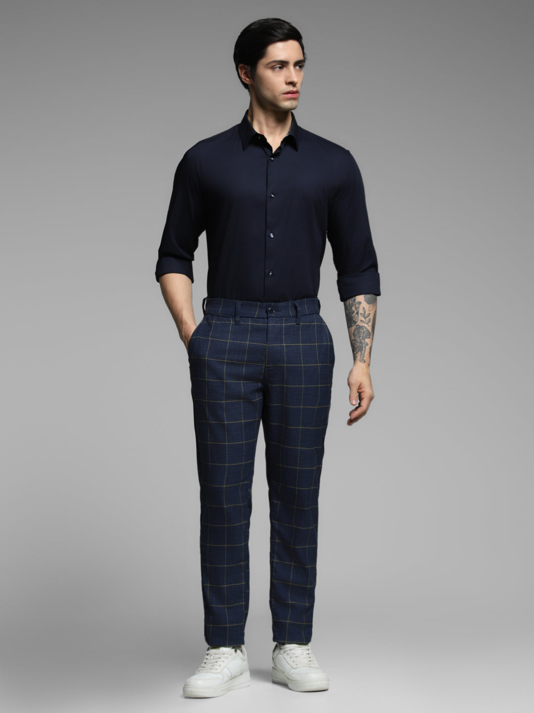Navy Blue Dobby Cotton Slim Fit Shirt