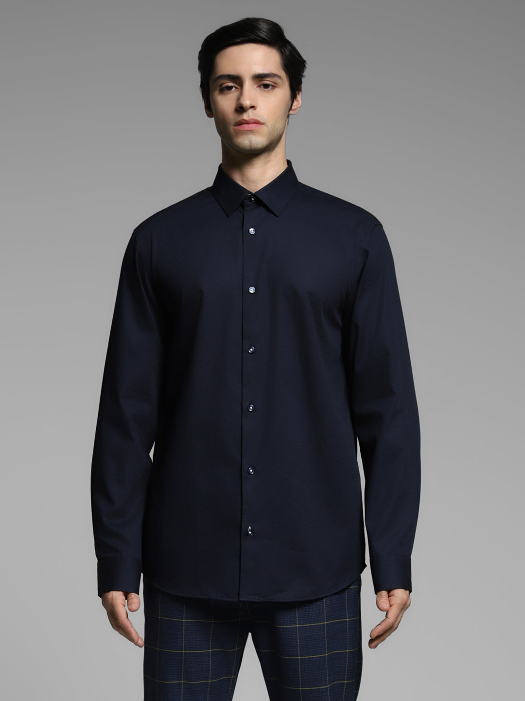 Navy Blue Dobby Cotton Slim Fit Shirt